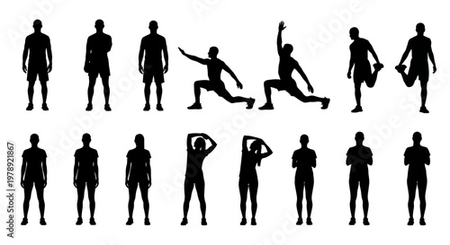 Black silhouette people icons, human figures, fitness illustrations, workout graphics, 15 poses
