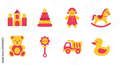 Vintage toys, retro playthings, childhood icons, 8-piece nursery set, colorful vector illustrations