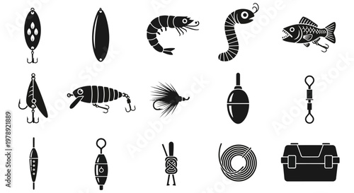Photos Fishing Lures, Hooks, Tackle Box Icons, Black and White, Vector Graphics, 13 Ele