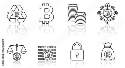 Cryptocurrency, Bitcoin, Blockchain Icons, Financial Symbols Set