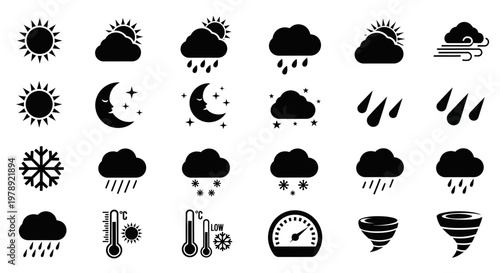 Weather icons, climate symbols, forecast signs, 25 black graphic elements