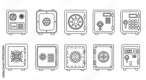 Safe, Vault, Lockbox, Secure Storage Icons, 10 Pieces, Vector Graphics
