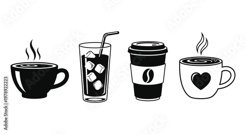 Four beverage illustrations showcasing coffee iced drinks and takeaway silhouette
