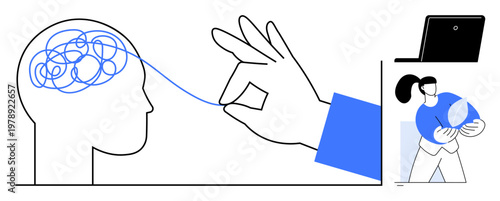 Mental health, therapy services, online support, stress relief, emotional intelligence, wellness promotion. A hand unraveling brain tangles, laptop and person holding a sphere. Mental health