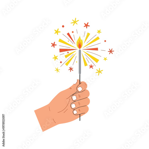 A sparkler held in a hand creates bright glowing light trails and represents a festive celebration within a joyful and social event scene.