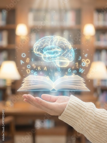 Hand holding holographic book and brain, education and learning concept