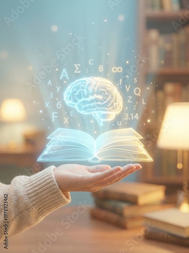 Hand holding holographic book and brain, education and learning concept