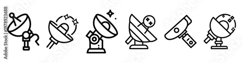 astronomy research icon set outline style. Business line art icon collection.