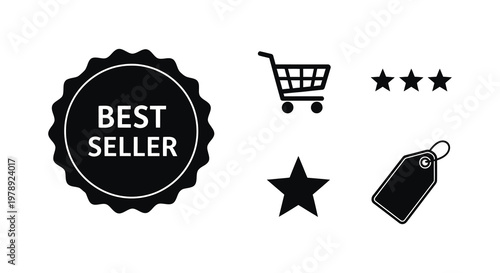 Black icons representing quality sales and ratings a silhouette