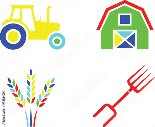 Farm icons: tractor, barn, wheat, pitchfork, vector illustration for colorful and flat design