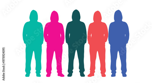 A row of five hooded figures stands silhouetted each distinctly colored against a white background