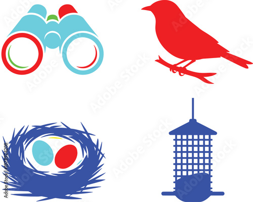 Four bird related illustrations: binoculars, bird on branch, nest with eggs, feeder