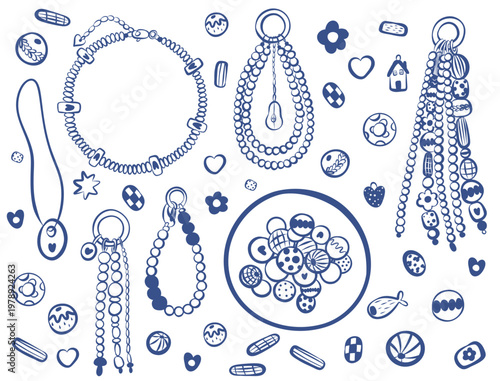 A set of contemporary hand draw jewelry. Chokers, keychains, bracelets, and pendants. Designed in a minimalist blue line style.