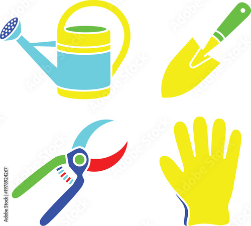 Gardening Tools Illustration: Watering Can, Trowel, Pruners, and Glove