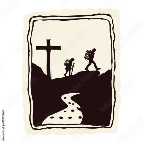 Isolated flat. Minimal scene set for pilgrimage with backpacker pilgrim walking to modern church on the hil. Hand drawn pilgrims way design element for church newsletter or social media art. 