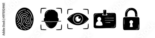 Doodle style security icon set including fingerprint, face scan, eye iris recognition, ID card and padlock. Black and white hand-drawn biometrics and authentication symbols.