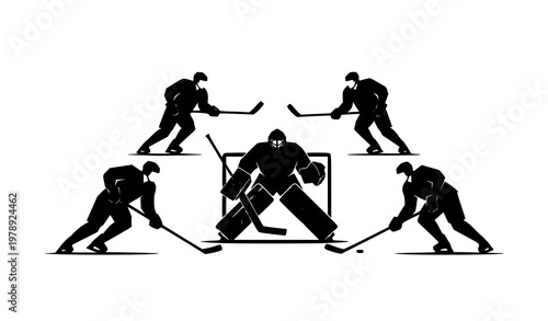 Minimal Ice Hockey Silhouette Vector Set with Goalie and Skaters in Circular Team Action Composition