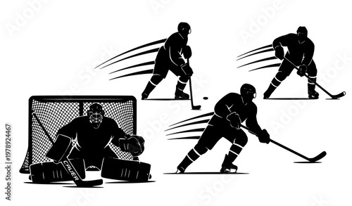 Dynamic Ice Hockey Silhouette Vector with Goalie Defense and Offensive Skaters in Diagonal Motion Composition