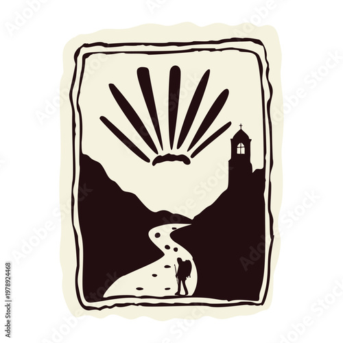 Simple scene for pilgrimage with group of backpacker pilgrims walking to modern church. Hand drawn pilgrims way design element for church newsletter or social media art. Isolated on white background.