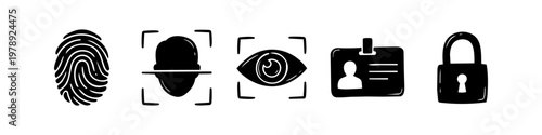 Set of hand-drawn biometric and security icons: fingerprint, facial recognition, eye scan, ID card, and padlock. Black doodle illustrations representing data privacy and access control concepts.