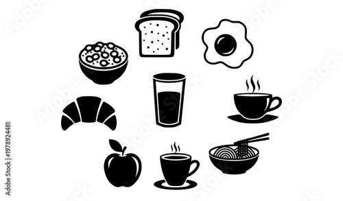 Breakfast Food Silhouette Collection with Coffee Egg Toast and Croissant Icons in Decorative Circular Layout