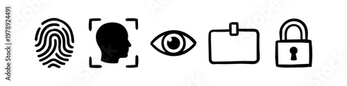 Set of hand-drawn security icons: fingerprint, face recognition, eye scan, ID badge, and padlock. Minimalist black doodle style for biometric authentication and data protection concepts.
