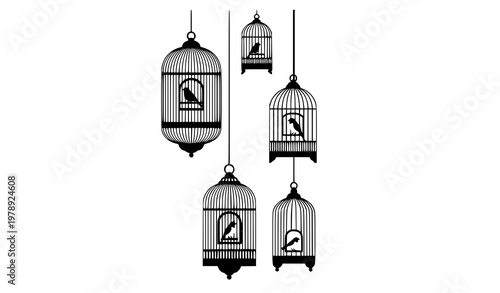 Hanging Bird Cage Vector Illustration with Small Birds in Modern Minimal Style Isolated on White Background