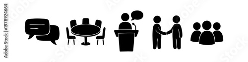 Professional business communication and teamwork icon set featuring speech bubbles, a conference table, a public speaker, a handshake, and a group of people silhouettes on a white background.