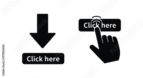 A hand clicking a button with an arrow pointing down silhouette
