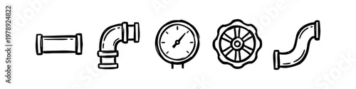 Set of hand-drawn plumbing icons featuring pipes, pressure gauge, and valve wheel. Minimalist black doodle style sketches for industrial, DIY, and home repair concepts on white background.