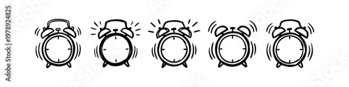 Set of five hand-drawn ringing alarm clocks. Black and white doodle style illustration of retro wake-up bells, perfect for time management, morning routines, and deadline concepts.