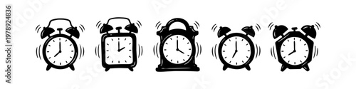 Set of hand-drawn ringing alarm clocks in a doodle style. Various shapes of clocks for morning alerts, wake-up calls, and time management concepts. Black and white minimalist vector illustration.