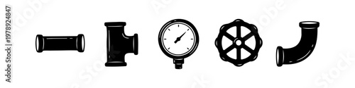 Set of hand-drawn plumbing icons featuring pipe fittings, a pressure gauge, and a valve wheel. Minimalist black and white sketch style vector illustration for industrial and repair themes.