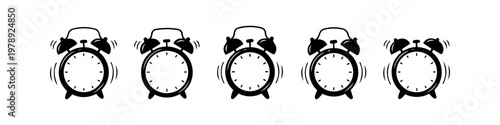 Set of five minimalist ringing alarm clock icons. Black vector silhouettes on a white background, representing morning routines, wake-up calls, and time management concepts.