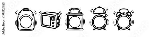 Set of five hand-drawn black and white alarm clock and radio doodles, shown vibrating as if ringing. A charming minimalist sketch collection for time management and wake-up concepts.