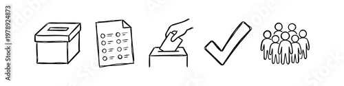 Hand-drawn election icon set featuring a ballot box, voting paper, hand casting a vote, checkmark, and people. Minimalist black and white doodle style for democracy and political concepts.
