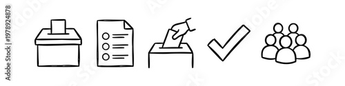 Set of hand-drawn voting and election icons featuring a ballot box, paper list, hand voting, checkmark, and voter group. Simple black doodle style on white background for democracy concepts.