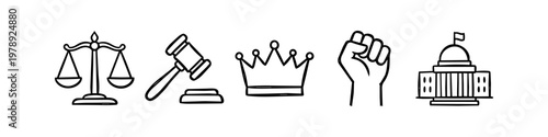 Hand-drawn icon set representing law, justice, and government, including scales of justice, a judge's gavel, a crown, a raised fist for protest, and a capitol building outline on white.