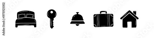 Set of hand-drawn hotel and travel icons including a bed, key, reception bell, suitcase, and house. Minimalist black silhouettes on a white background for hospitality and tourism concepts.