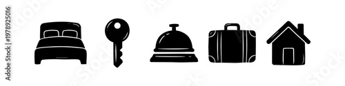 Black hand-drawn travel and hotel icon set featuring a bed, key, reception bell, suitcase, and house. Minimalist vector symbols for hospitality, tourism, and vacation rental concepts.