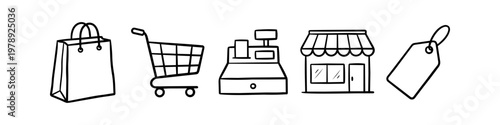 Collection of hand-drawn retail icons: shopping bag, cart, cash register, storefront, and price tag. Minimalist black and white doodle style for e-commerce and business design.