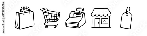 Set of hand-drawn retail icons including a shopping bag, cart, cash register, storefront, and price tag. Minimalist black line art doodles for e-commerce and business marketing designs.