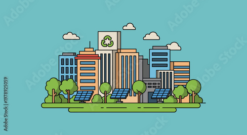 Sustainable City Skyline with Solar Panels.