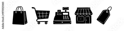 A set of five black retail icons featuring a shopping bag, cart, cash register, storefront, and price tag, perfect for e-commerce and business designs.