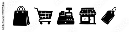 Set of five hand-drawn black shopping icons featuring a bag, cart, cash register, storefront, and price tag on a white background. Perfect for retail, e-commerce, and commercial business design.