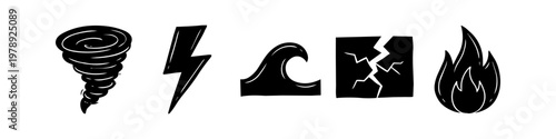 Minimalist hand-drawn icons representing natural disasters: tornado, lightning, tsunami wave, earthquake, and fire flame. Black silhouettes isolated on white background for emergency concepts.