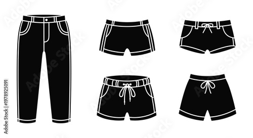 Various styles of shorts and trousers displayed as a black silhouette