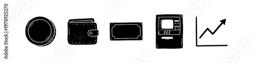 Hand-drawn finance icon set featuring a coin, wallet, banknote, ATM machine, and growth chart. Minimalist black and white doodle style for banking, business, and investment concepts.