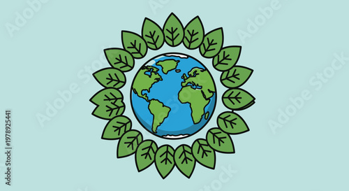 Earth Globe Surrounded by Green Leaves.