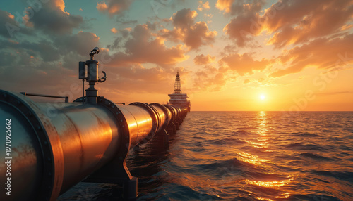 Offshore industrial pipeline for hydrogen transport crosses ocean water at sunset. Metal infrastructure extends to platform rig at sea. Warm golden hour light reflects on waves.